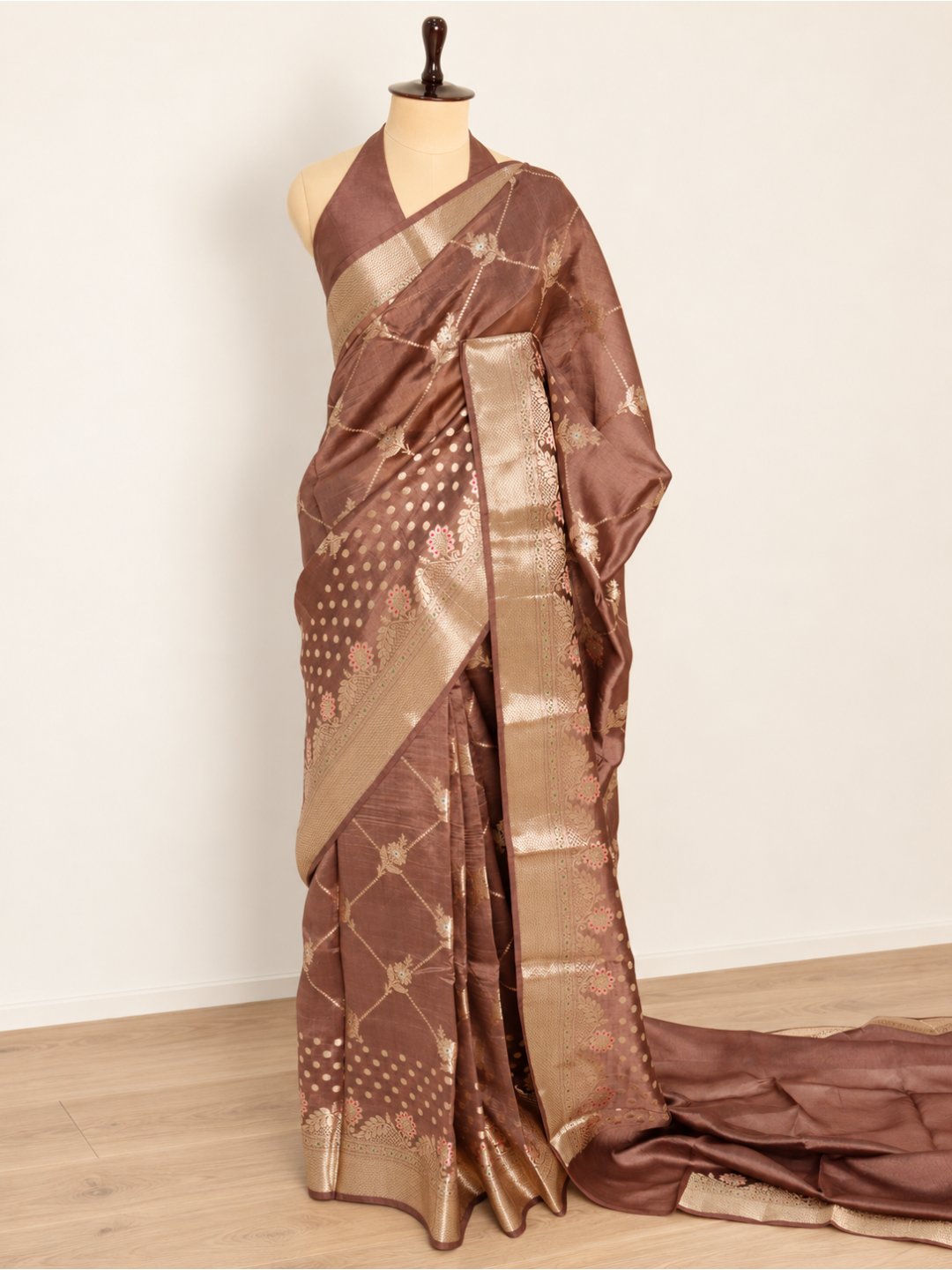 Dusty rose-brown with champagne gold-toned detailing Viscose Saree Banarasi saree blouse piece