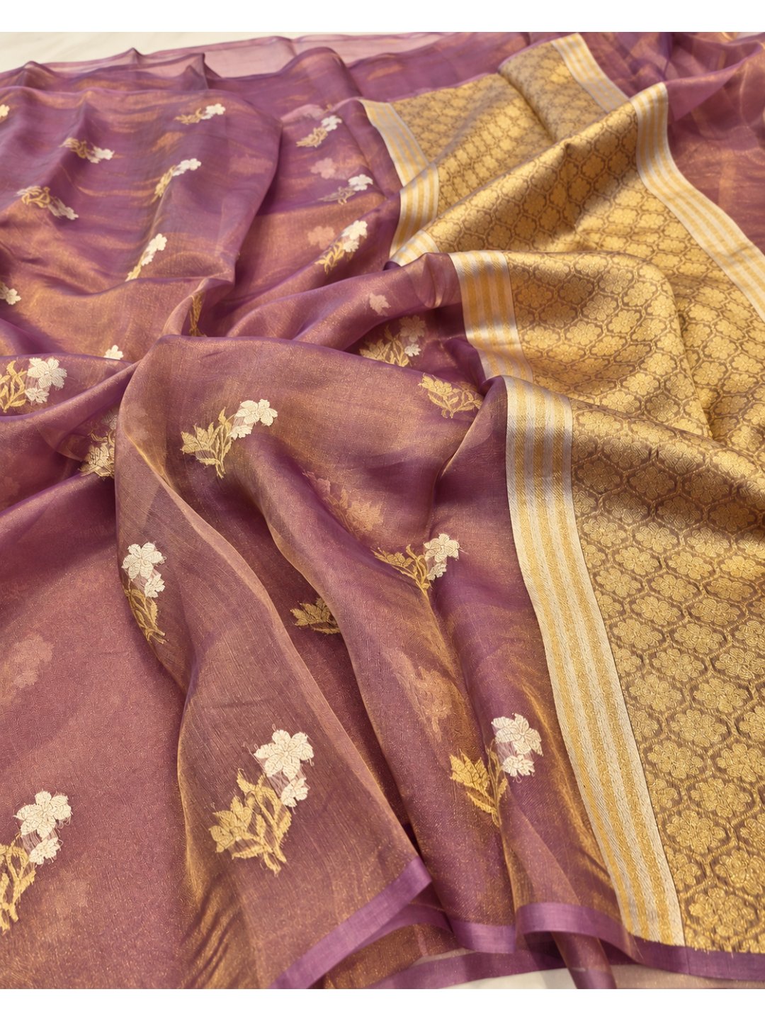 Mauve Tissue Silk Banarasi saree front drape view