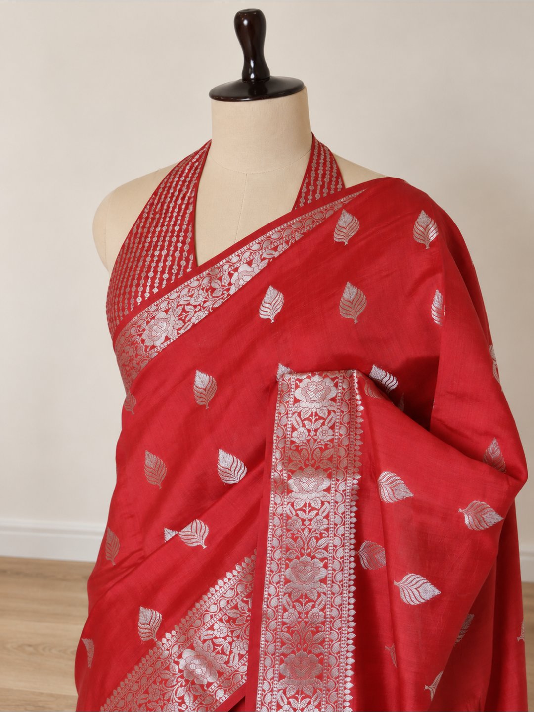 Bright red with silver-toned detailing Chiniya Silk Banarasi saree front drape view