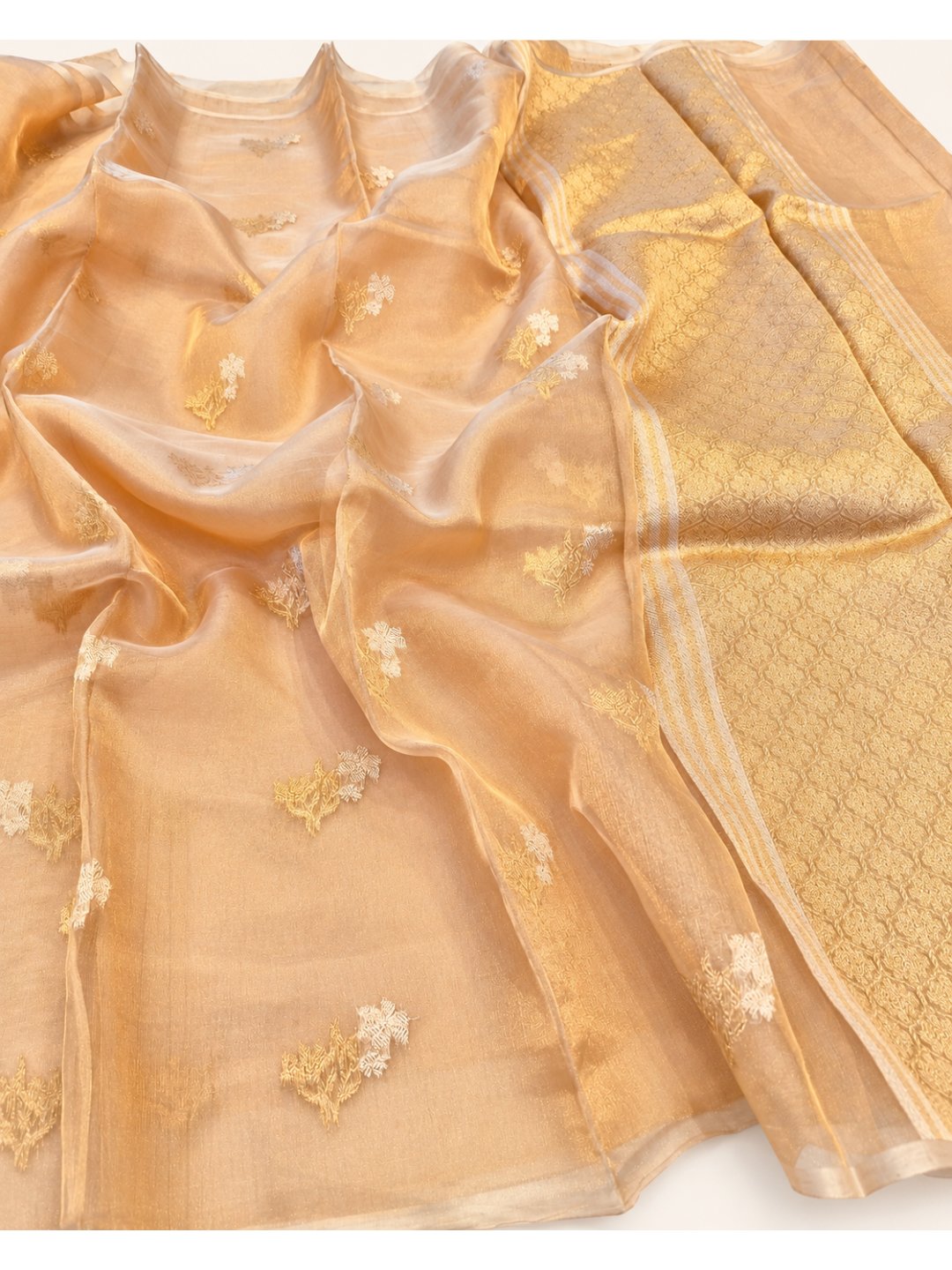 Gold Tissue Silk Banarasi saree front drape view