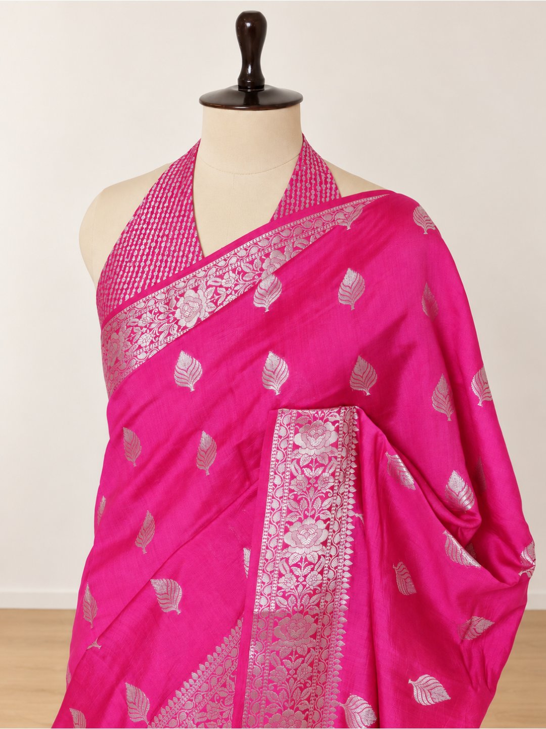 Rani pink with silver-toned detailing Chiniya Silk Banarasi saree front drape view