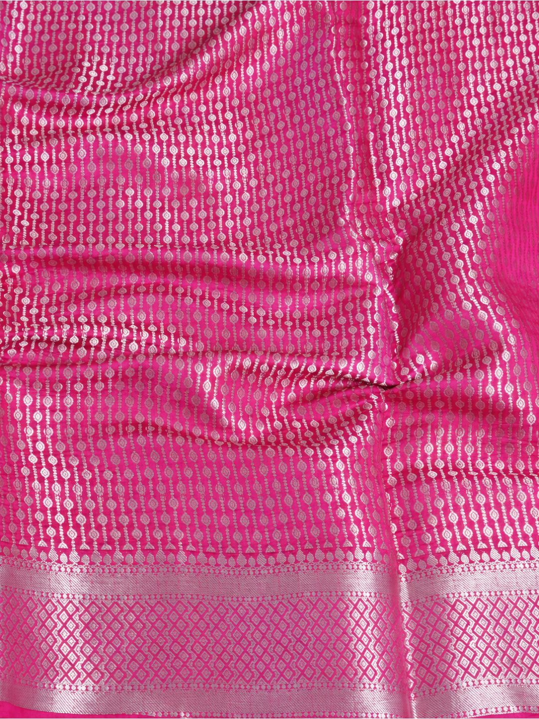 Rani pink with silver-toned detailing Chiniya Silk Banarasi saree front drape view