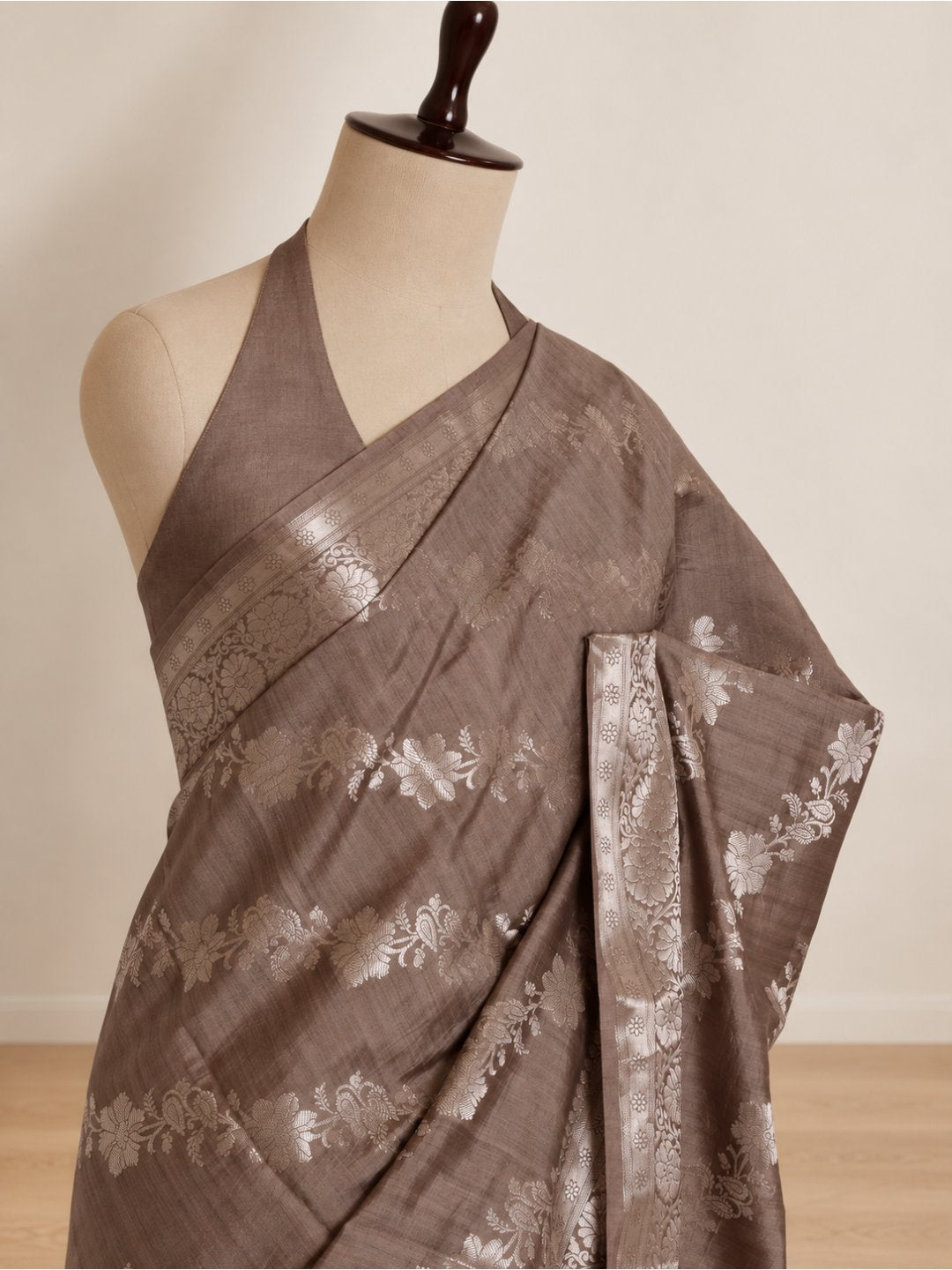 Taupe brown with silver-toned detailing Chiniya Silk Banarasi saree texture detail