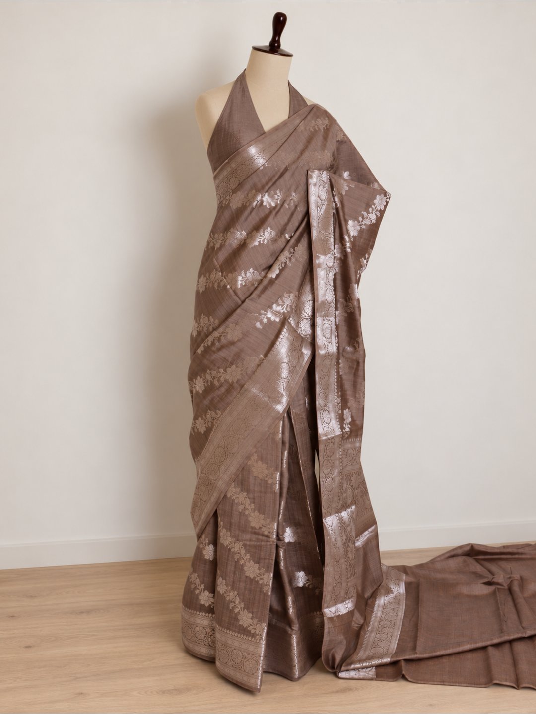 Taupe brown with silver-toned detailing Chiniya Silk Banarasi saree border closeup