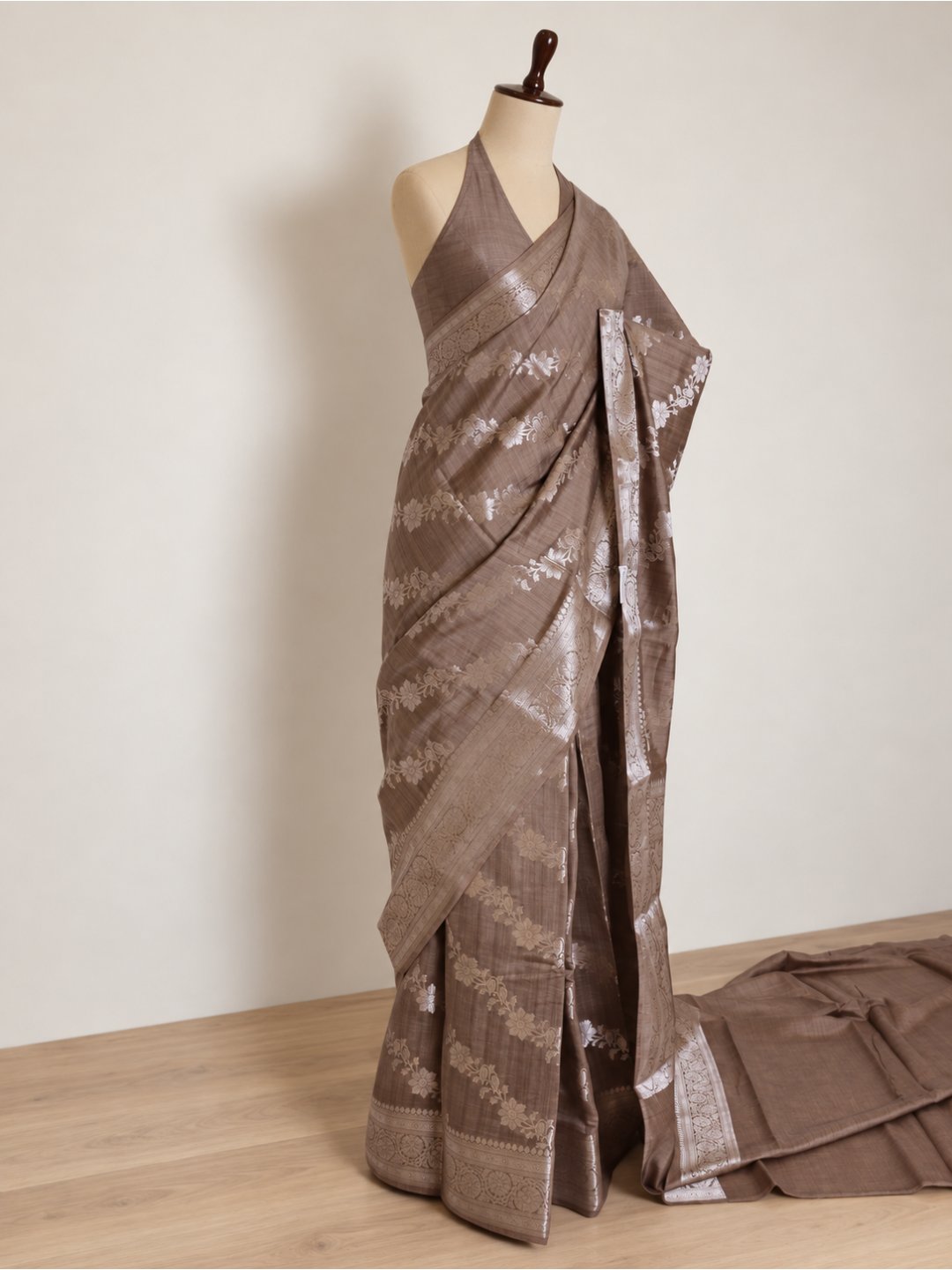Taupe brown with silver-toned detailing Chiniya Silk Banarasi saree full spread