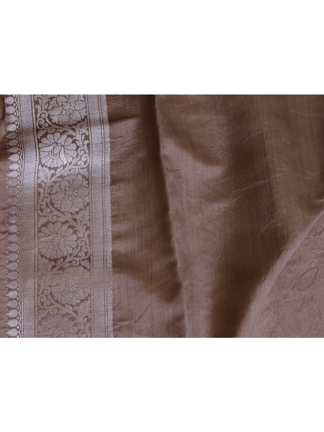 Taupe brown with silver-toned detailing Chiniya Silk Banarasi saree front drape view