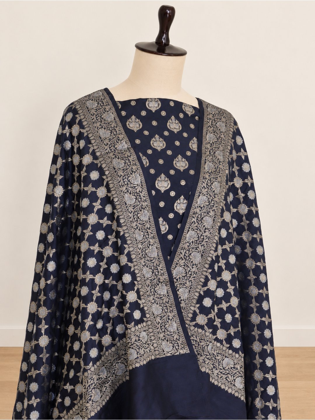 Black with gold-toned detailing and soft blue floral accents Cotton Banarasi suit front drape view