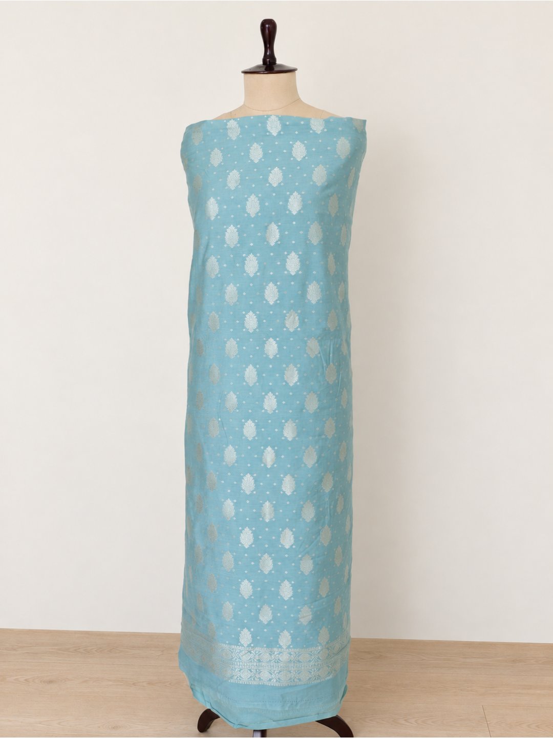 Soft powder blue with silver-toned detailing Cotton Banarasi suit front drape view