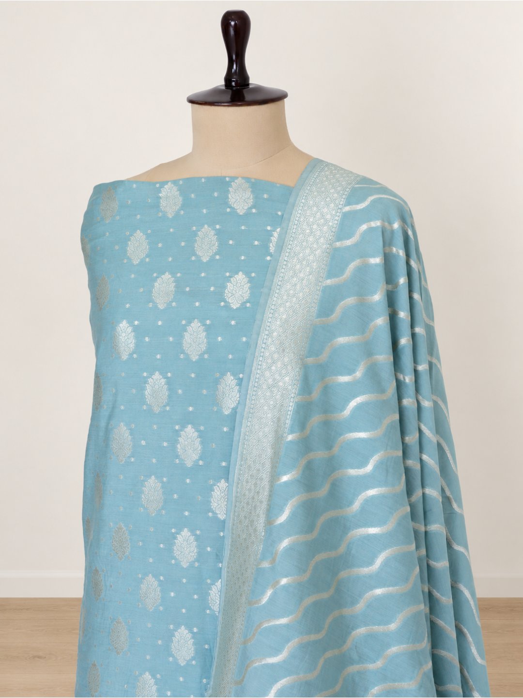 Soft powder blue with silver-toned detailing Cotton Banarasi suit front drape view