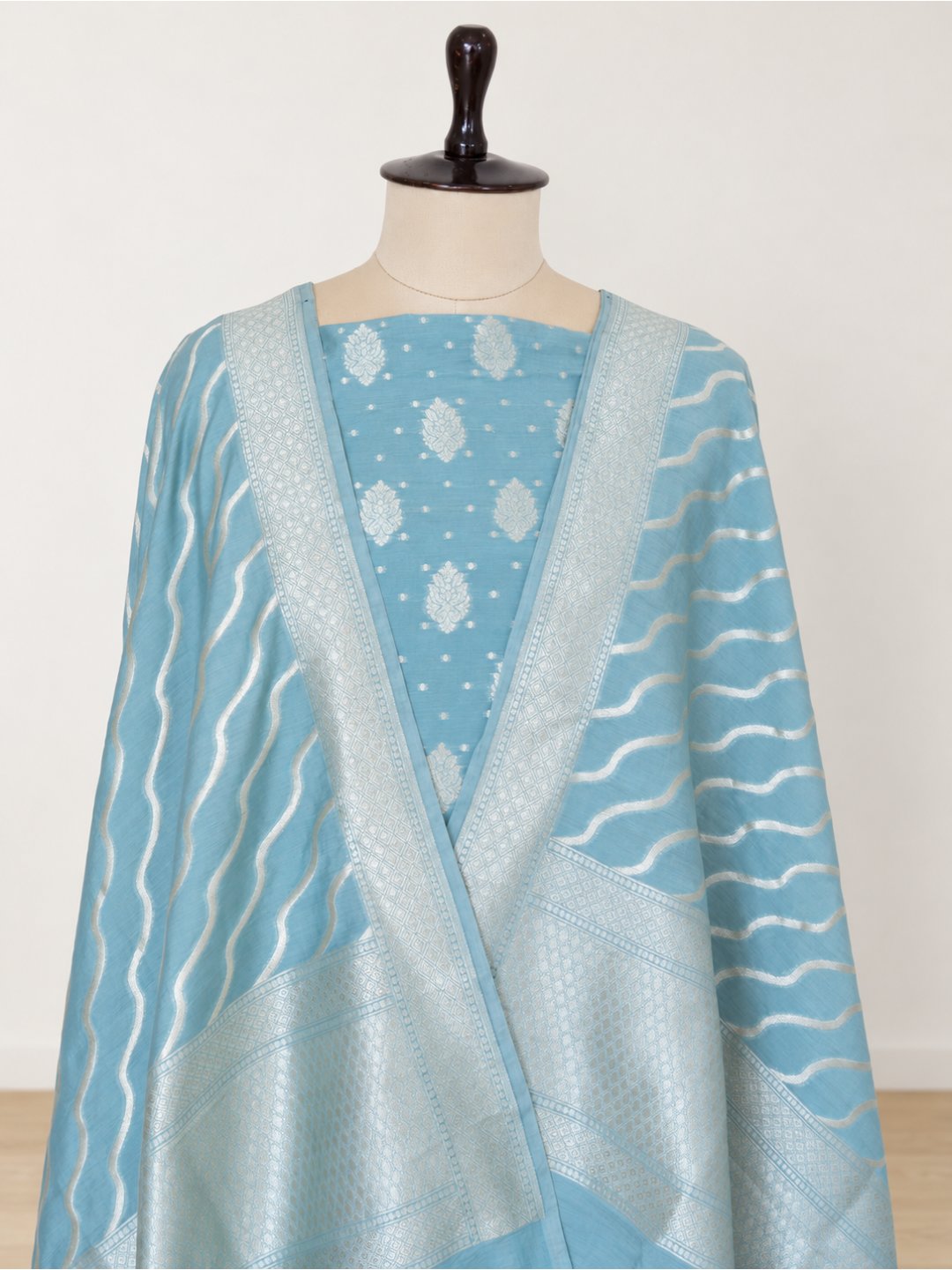 Soft powder blue with silver-toned detailing Cotton Banarasi suit front drape view