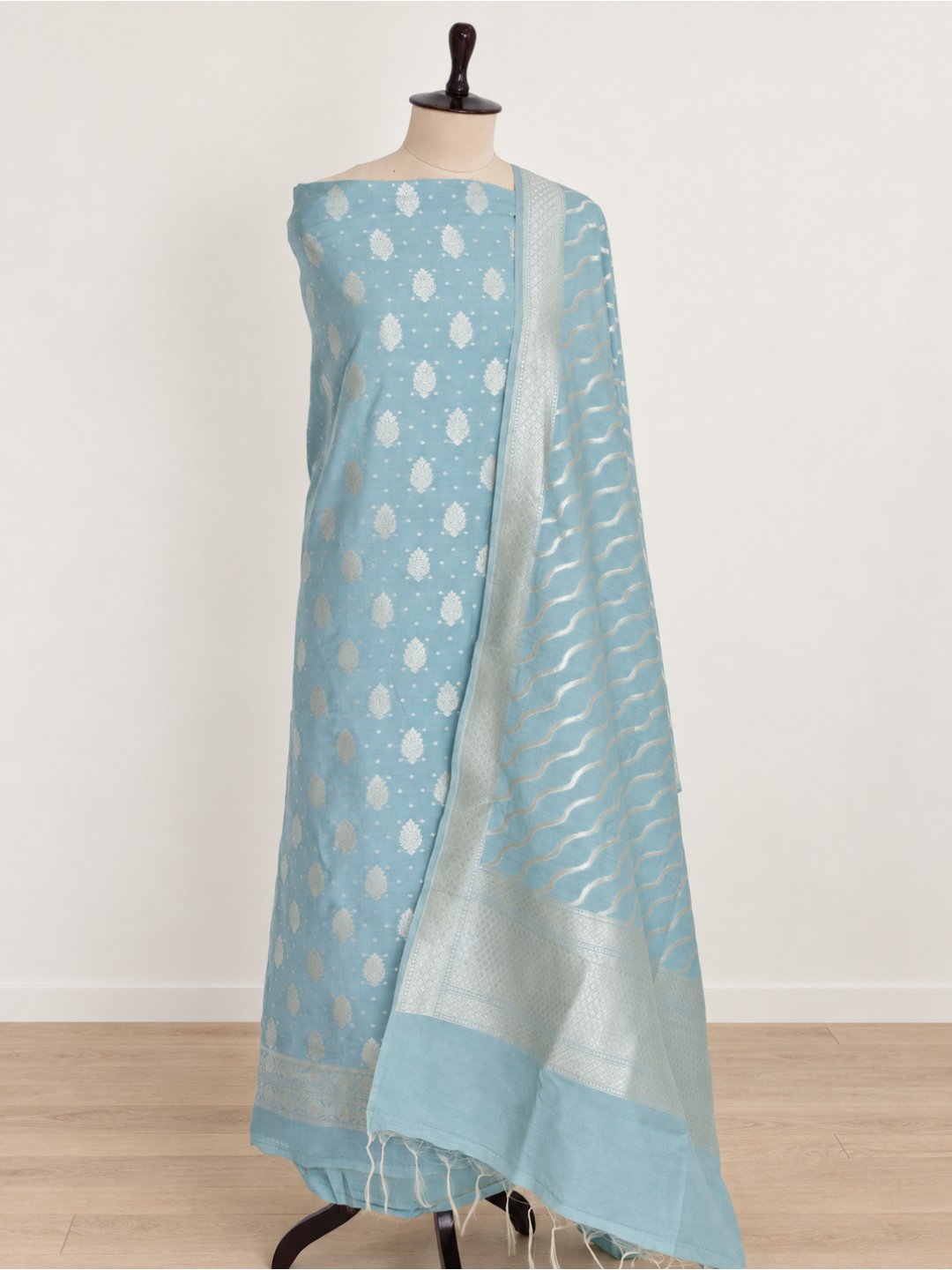 Soft powder blue with silver-toned detailing Cotton Banarasi suit front drape view