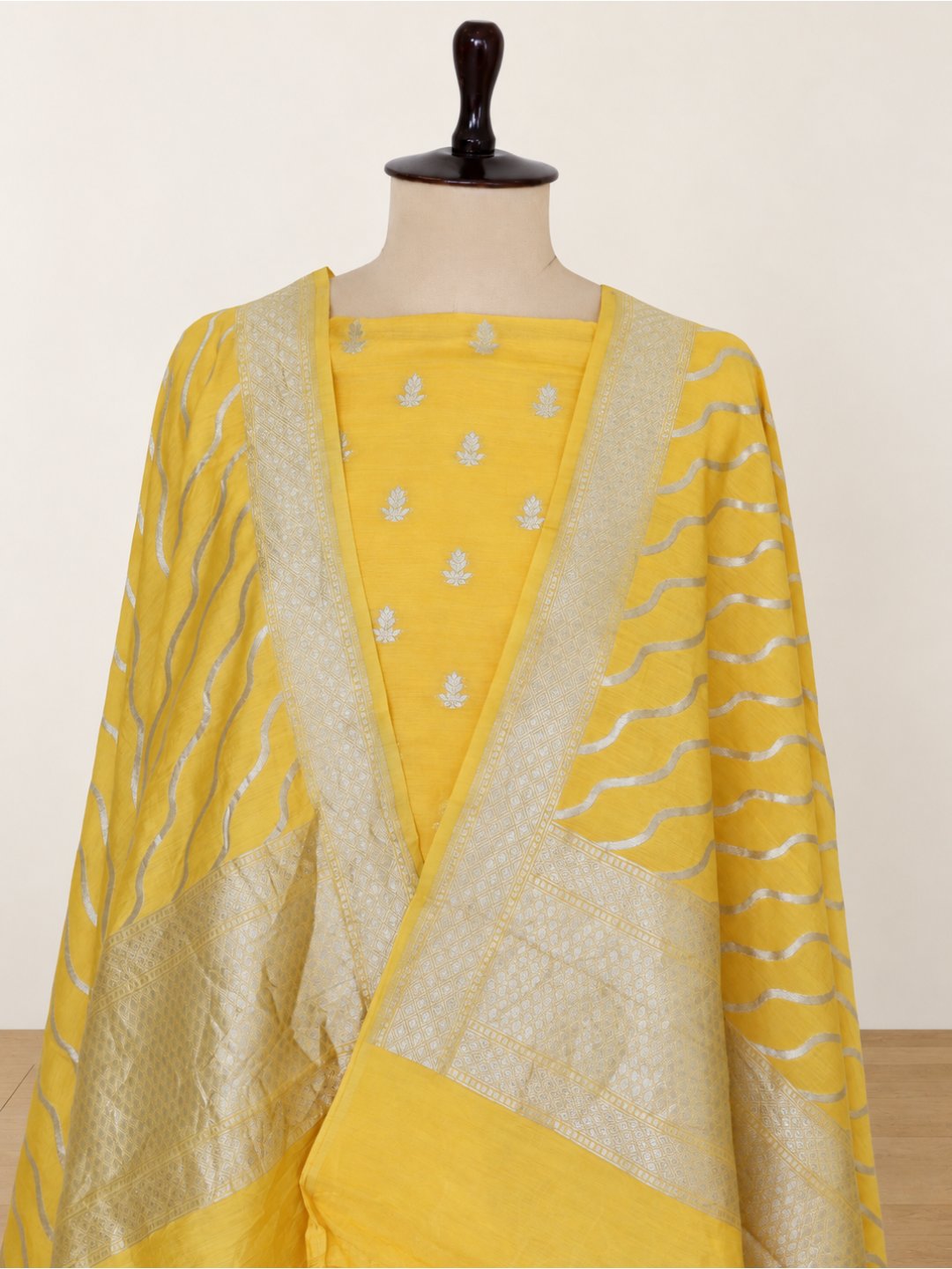Bright yellow with silver-toned detailing Cotton Banarasi suit front drape view