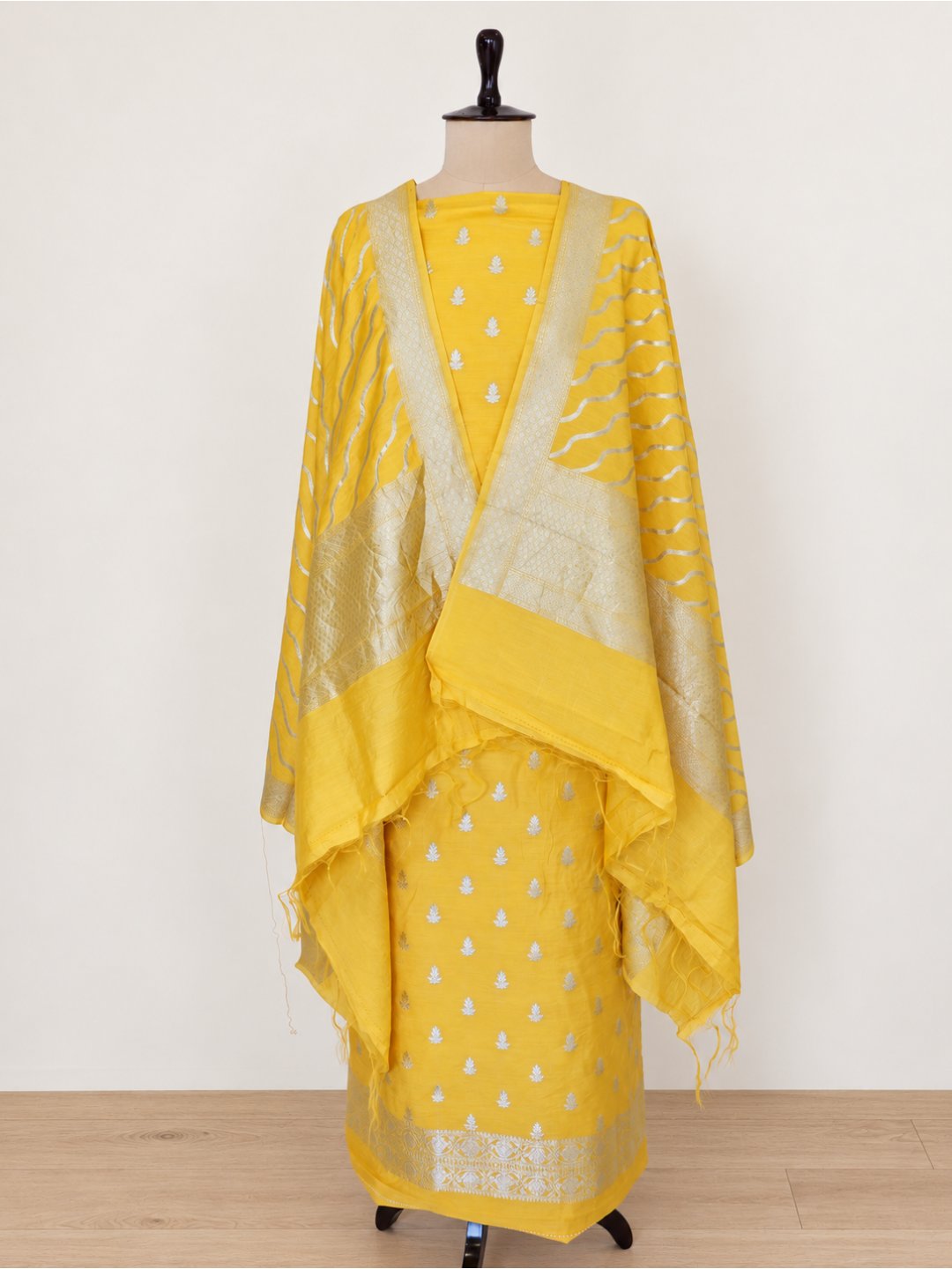 Bright yellow with silver-toned detailing Cotton Banarasi suit neckline detail