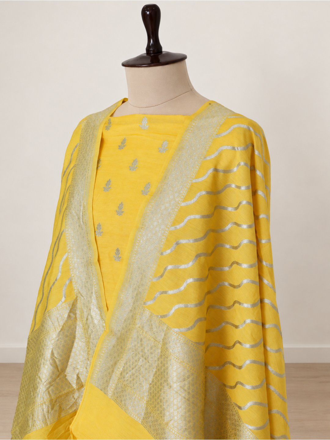Bright yellow with silver-toned detailing Cotton Banarasi suit sleeve detail