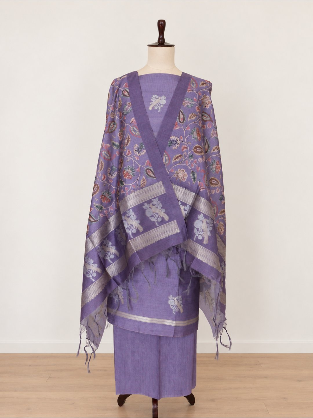 Soft lavender purple with silver-toned motifs Cotton Banarasi suit neckline detail