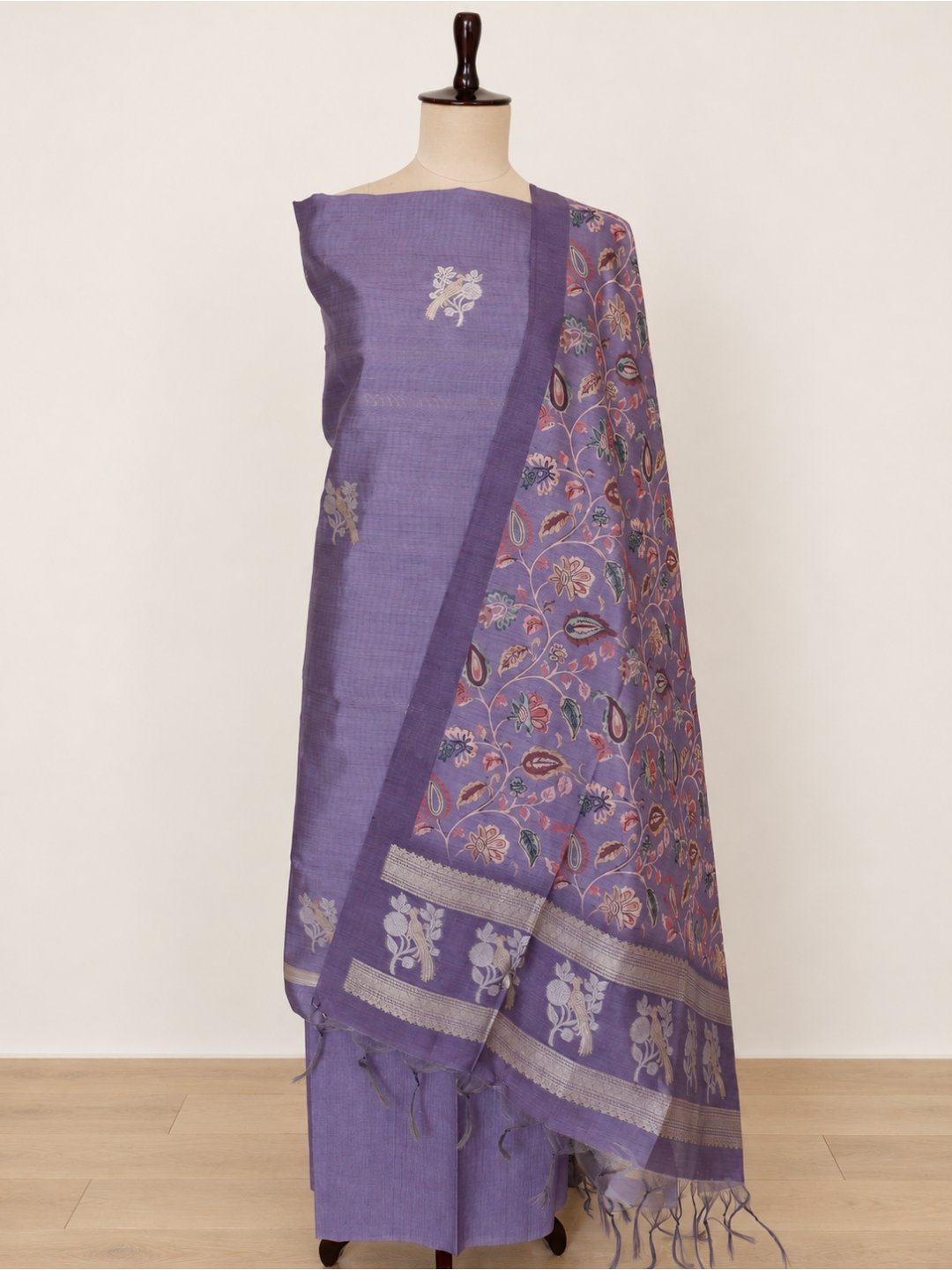 Soft lavender purple with silver-toned motifs Cotton Banarasi suit sleeve detail