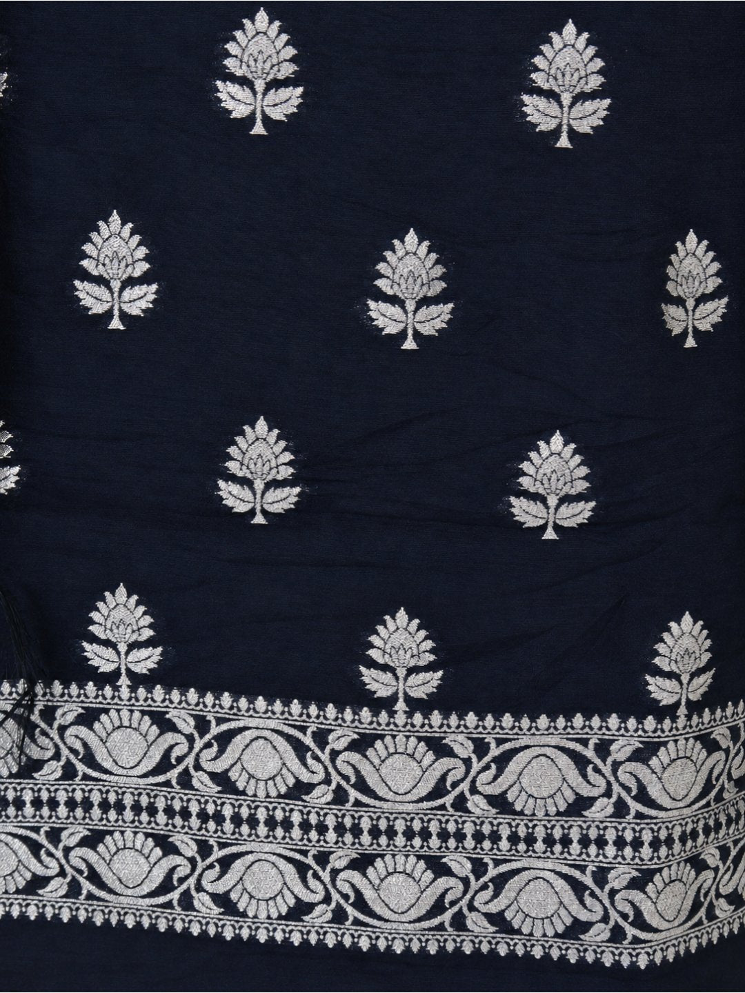 Black with silver-toned detailing Cotton Banarasi suit front drape view