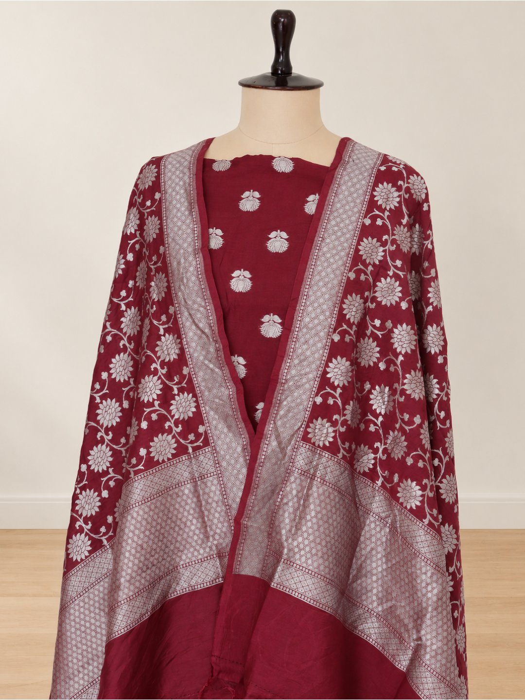 Deep maroon with silver-toned detailing Cotton Banarasi suit front drape view
