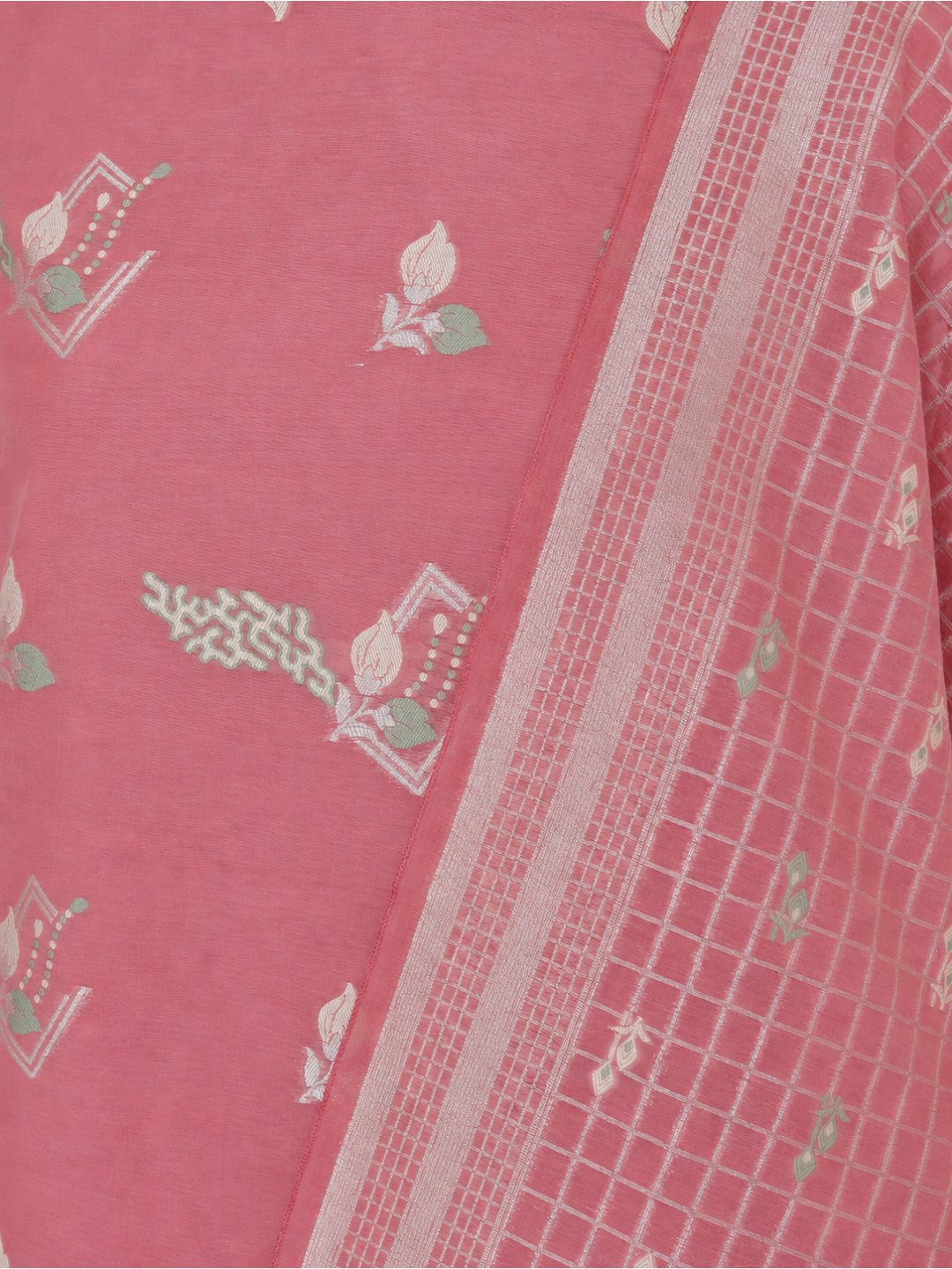 Soft rose pink with cream-toned detailing and muted green accents Cotton Banarasi suit neckline detail