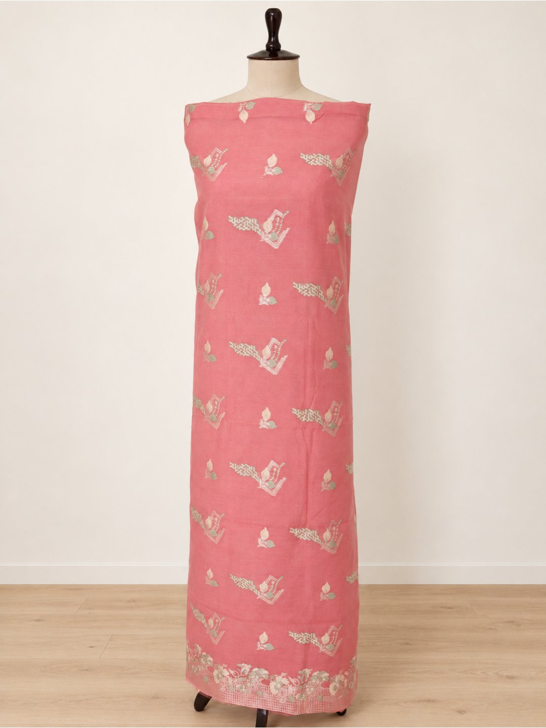 Soft rose pink with cream-toned detailing and muted green accents Cotton Banarasi suit bottom detail
