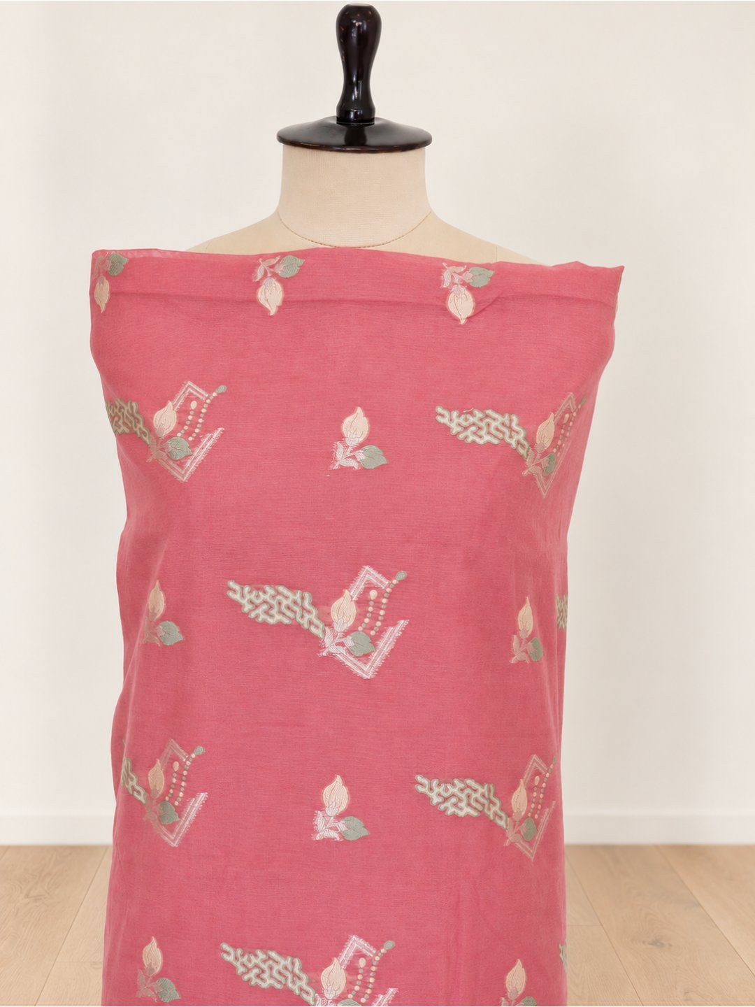 Soft rose pink with cream-toned detailing and muted green accents Cotton Banarasi suit dupatta detail