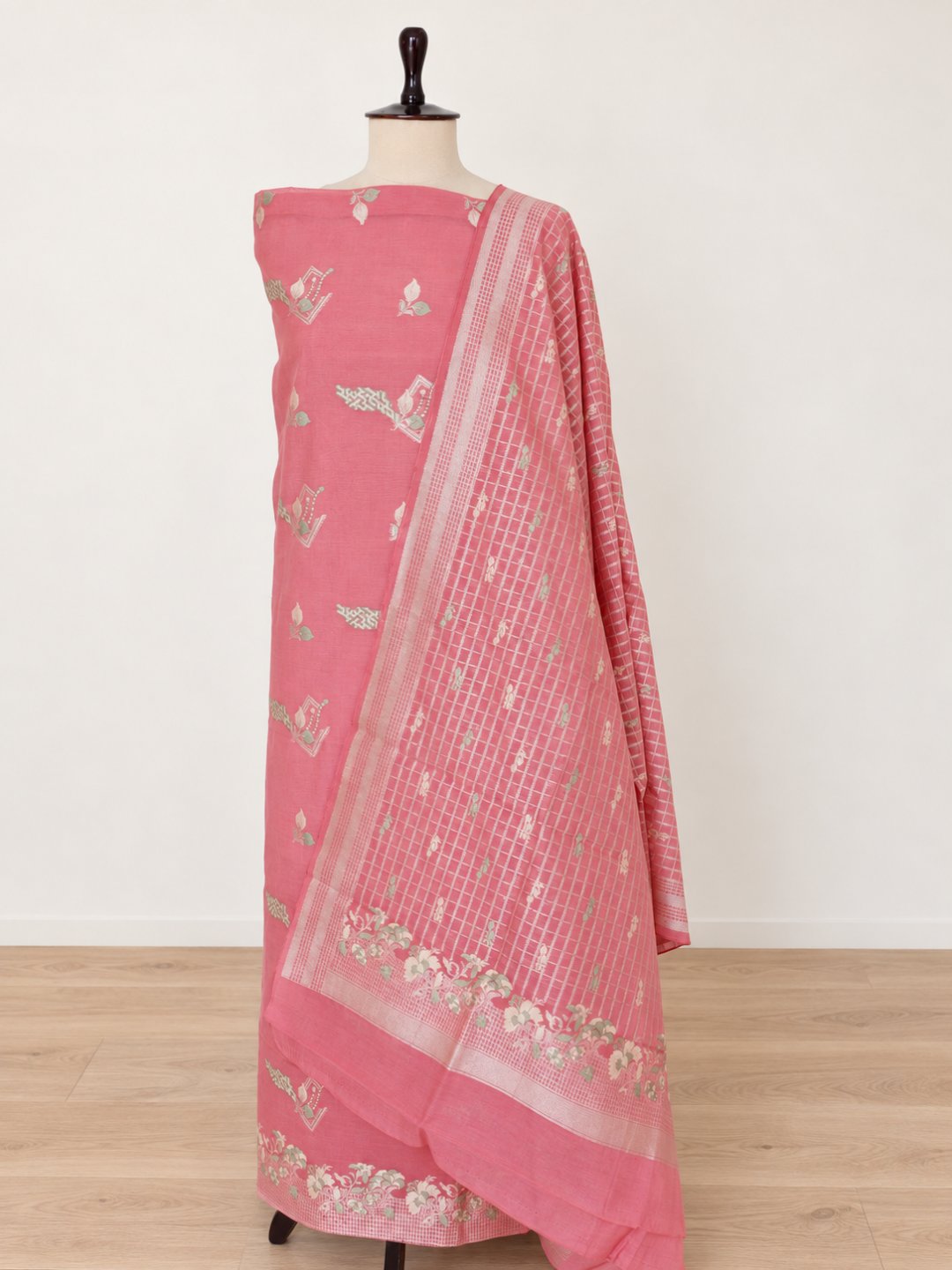 Soft rose pink with cream-toned detailing and muted green accents Cotton Banarasi suit border closeup