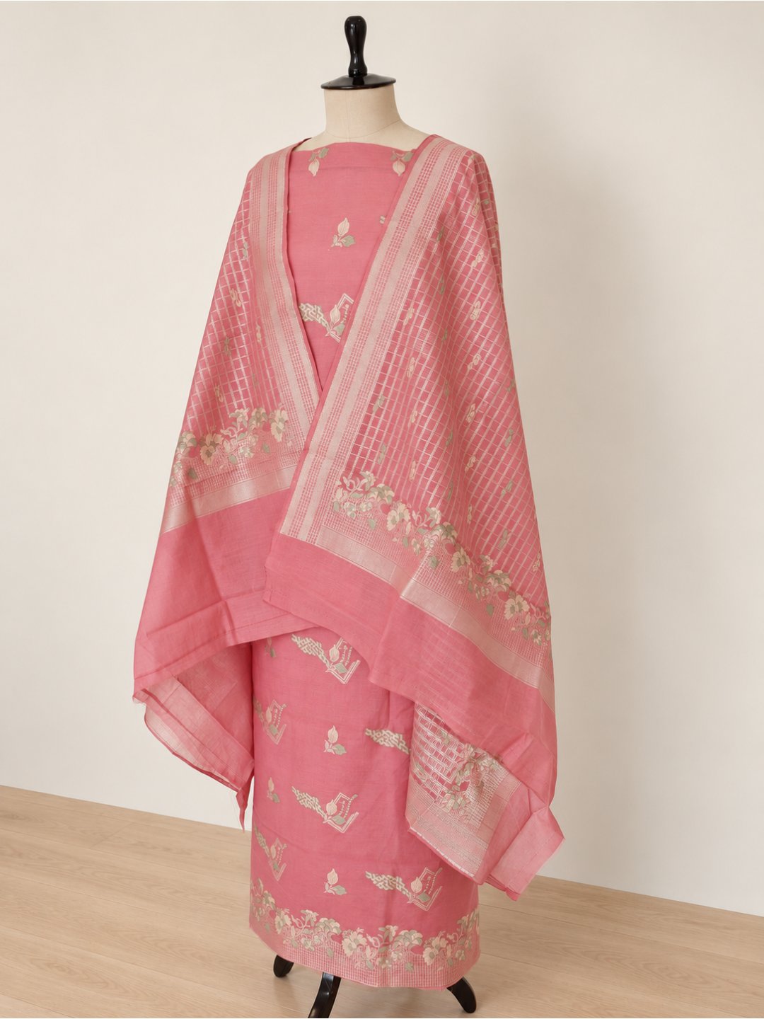 Soft rose pink with cream-toned detailing and muted green accents Cotton Banarasi suit front drape view