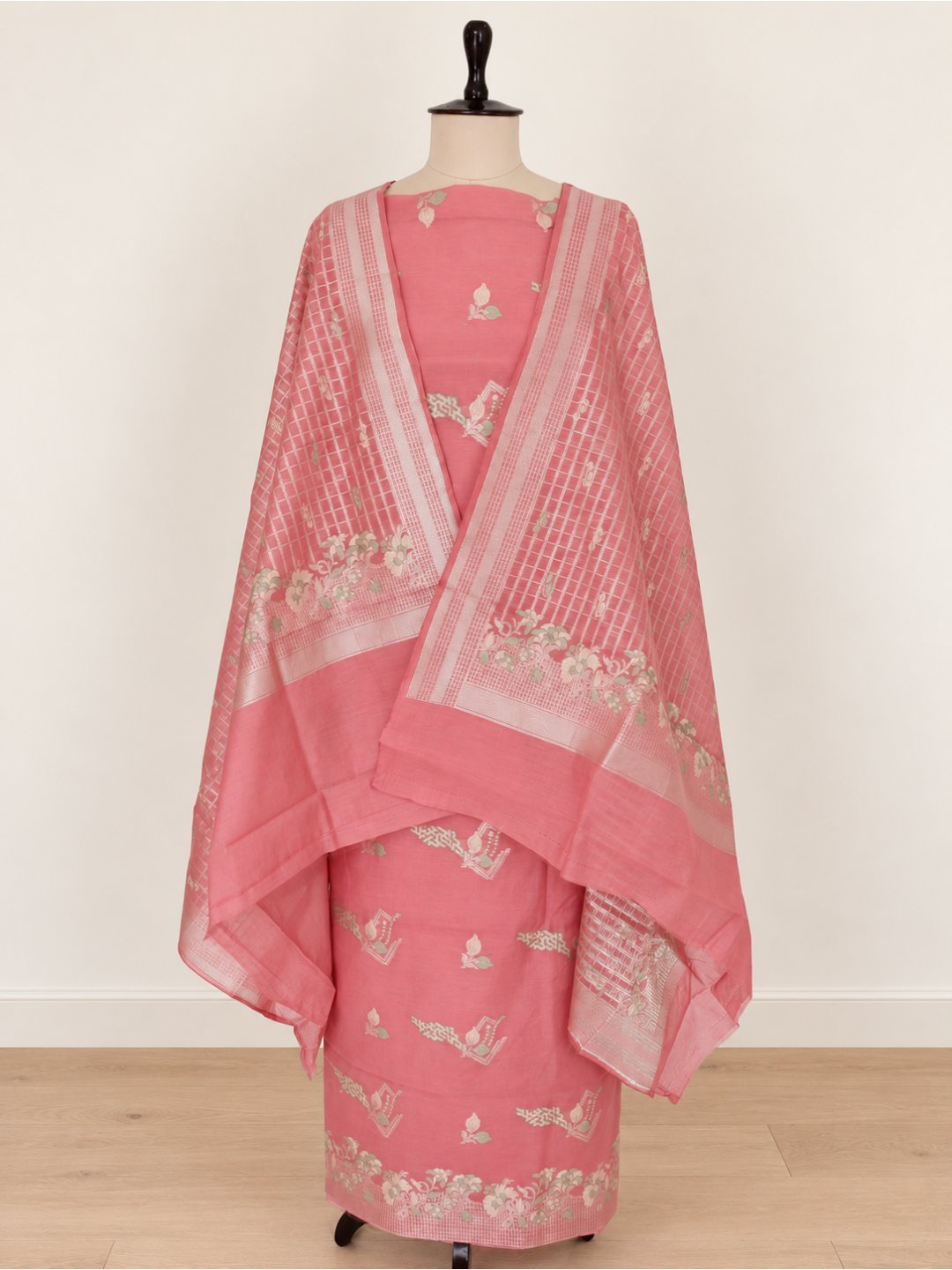 Soft rose pink with cream-toned detailing and muted green accents Cotton Banarasi suit texture detail