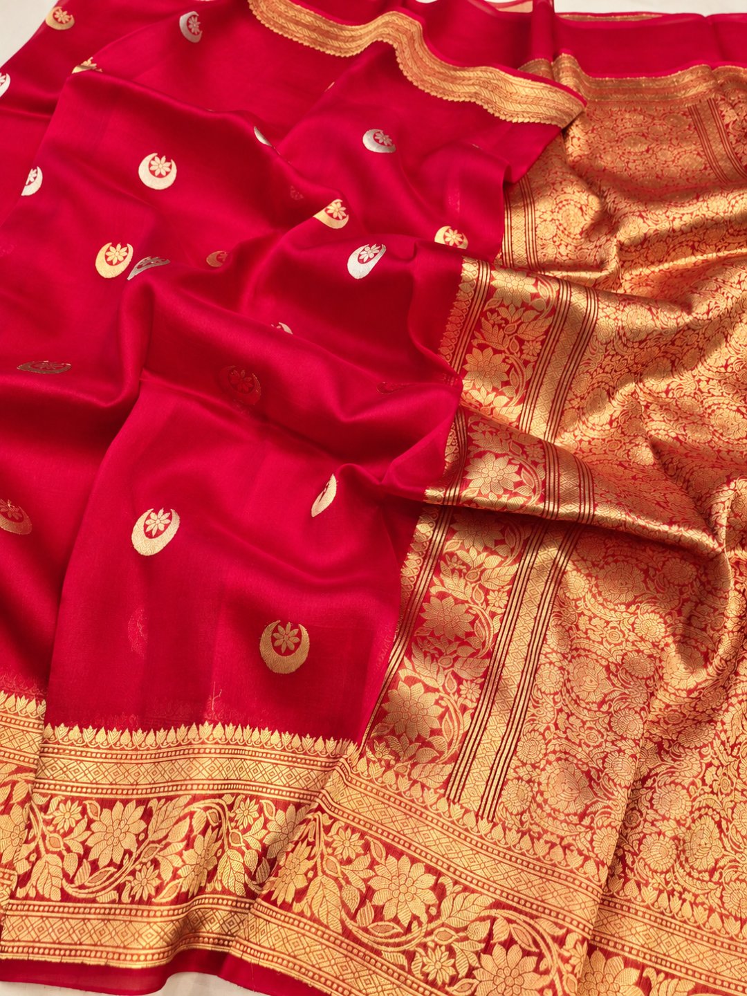 Cherry Pink Kora Silk Banarasi saree front drape view
