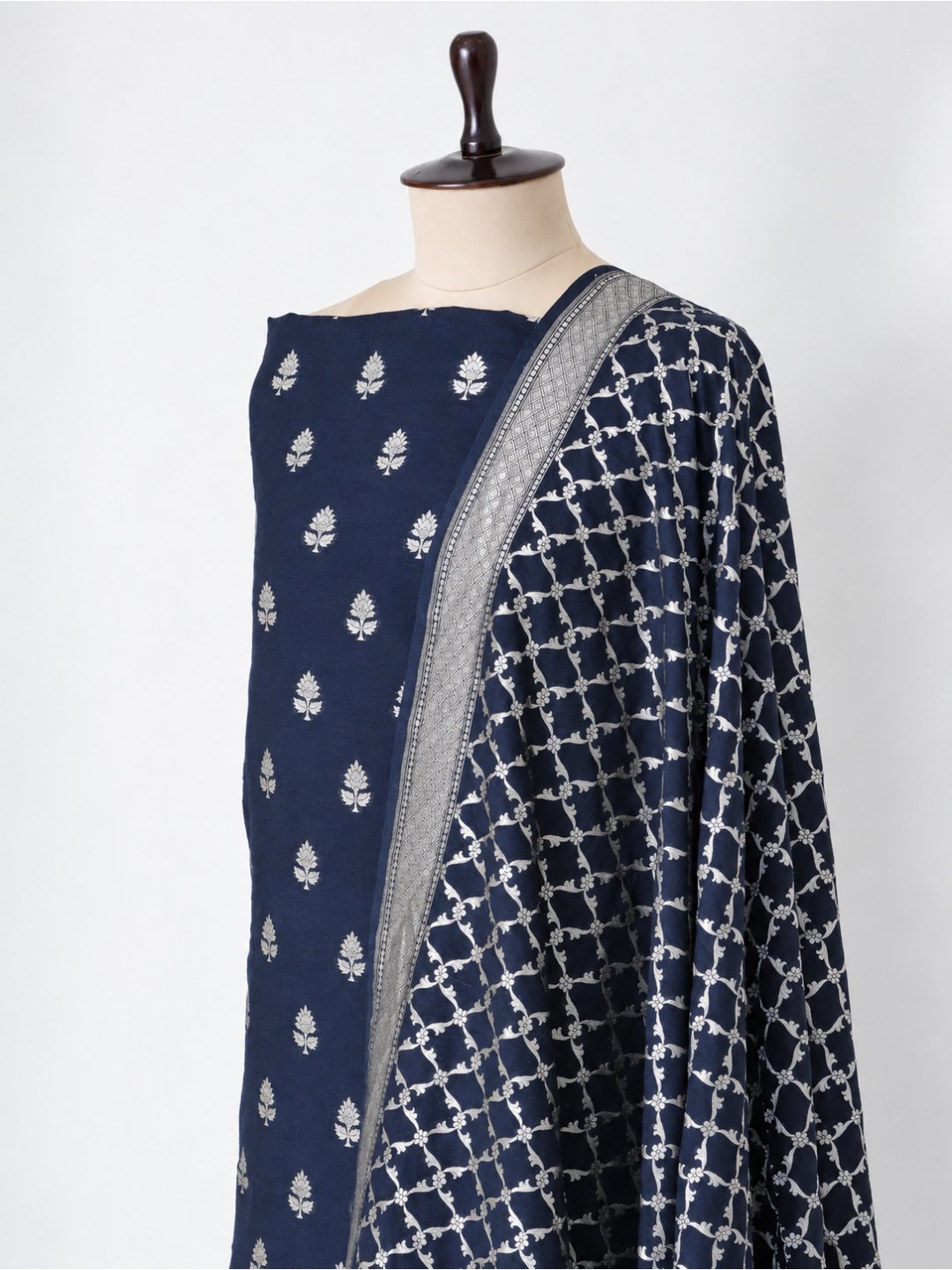 Black Cotton Banarasi suit front drape view