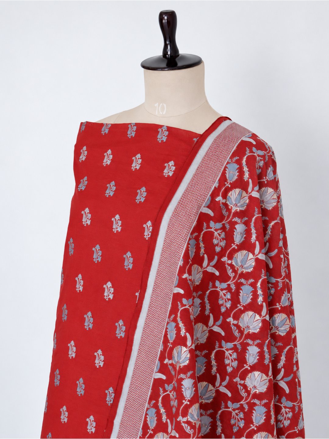 Red Cotton Banarasi suit front drape view