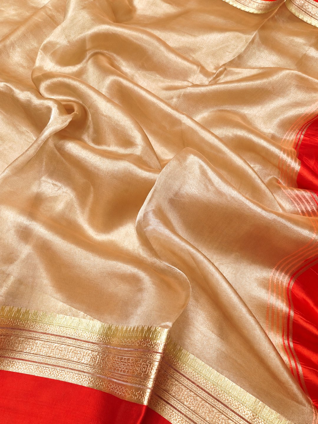 Red Tissue Silk Banarasi saree front drape view