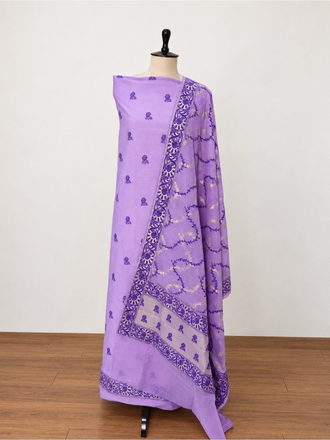 Levender Cotton Banarasi suit front drape view