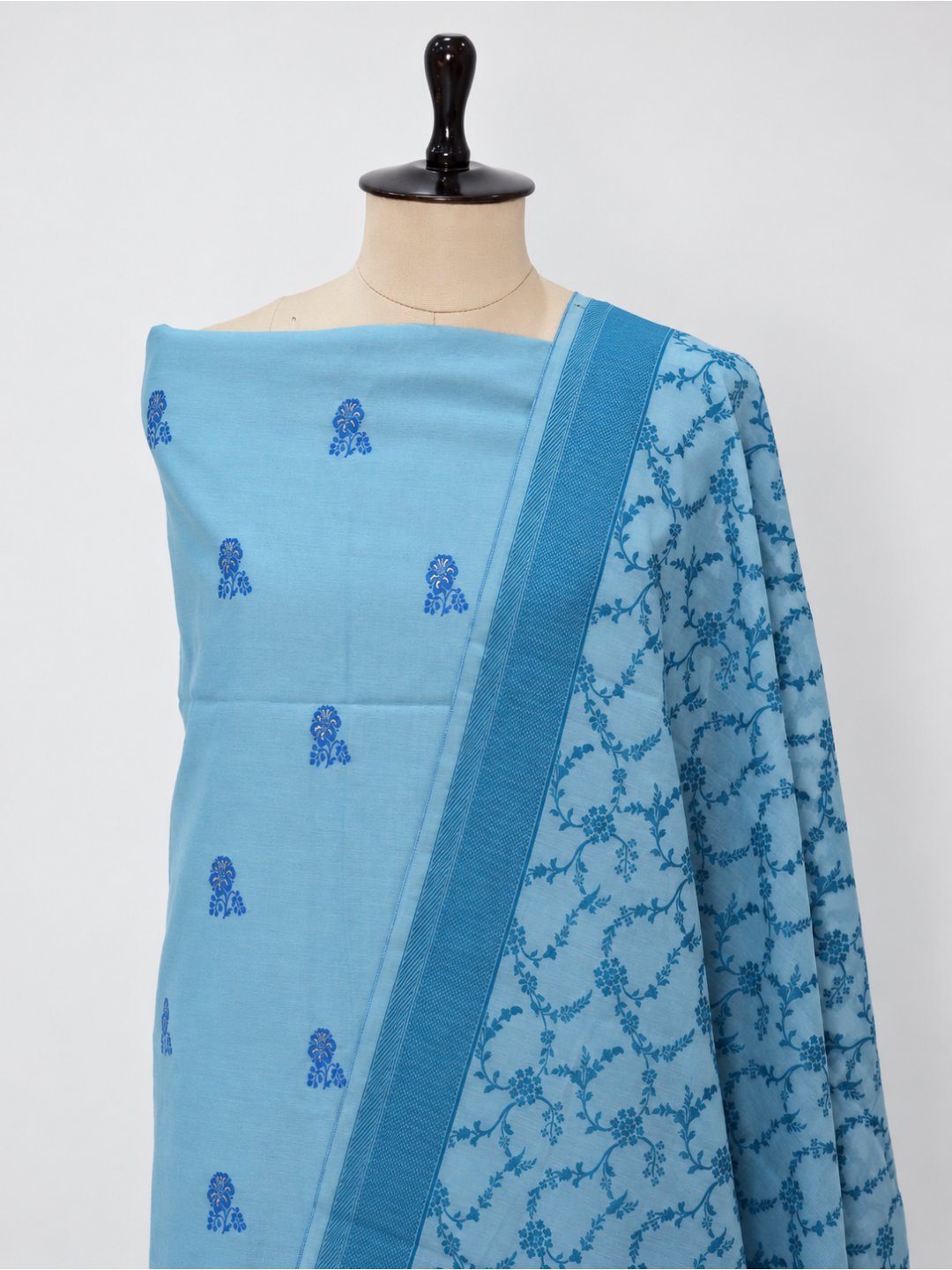 Sky Blue Cotton Banarasi suit front drape view