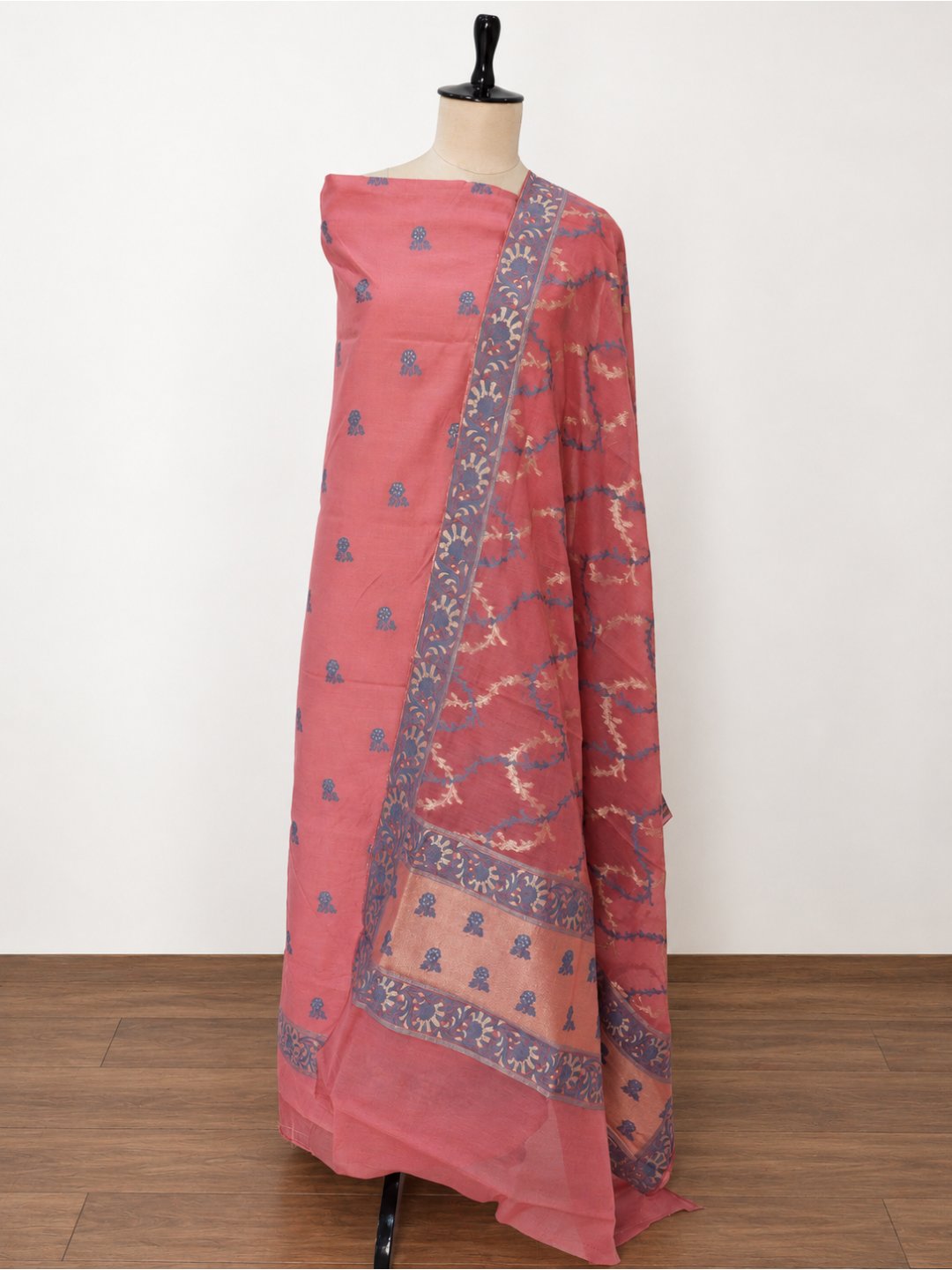 Soft Rose Pink Cotton Banarasi suit front drape view