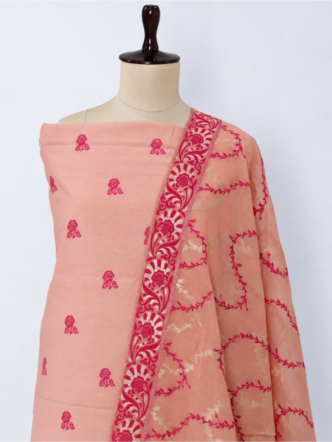 Peach Cotton Banarasi suit front drape view