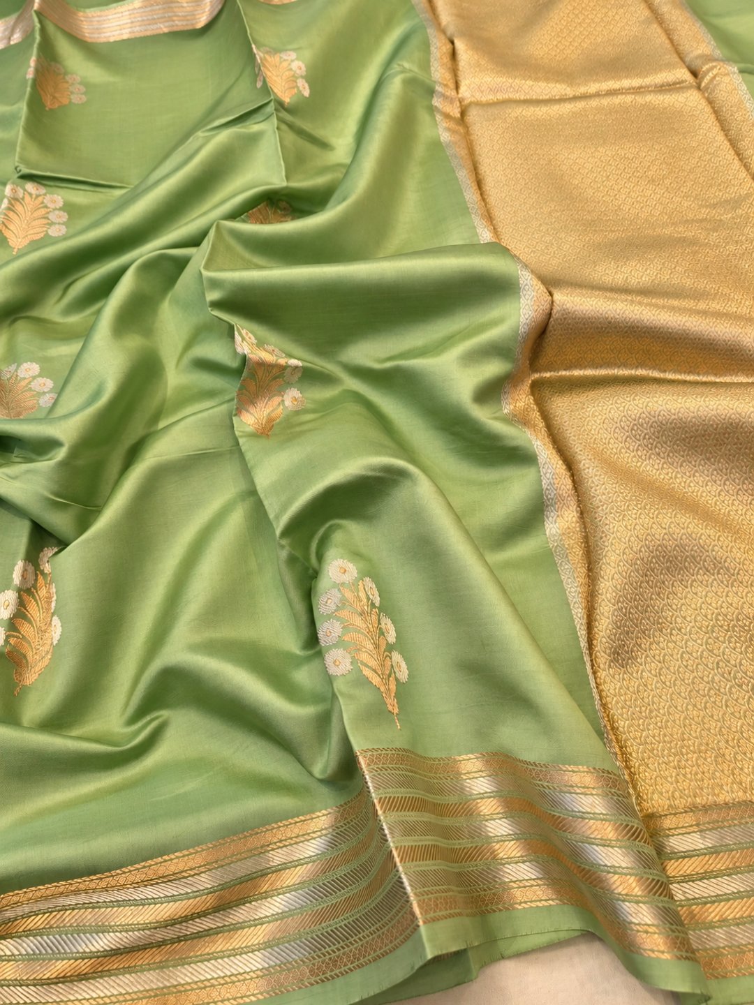Pista Green Katan Silk Banarasi saree front drape view