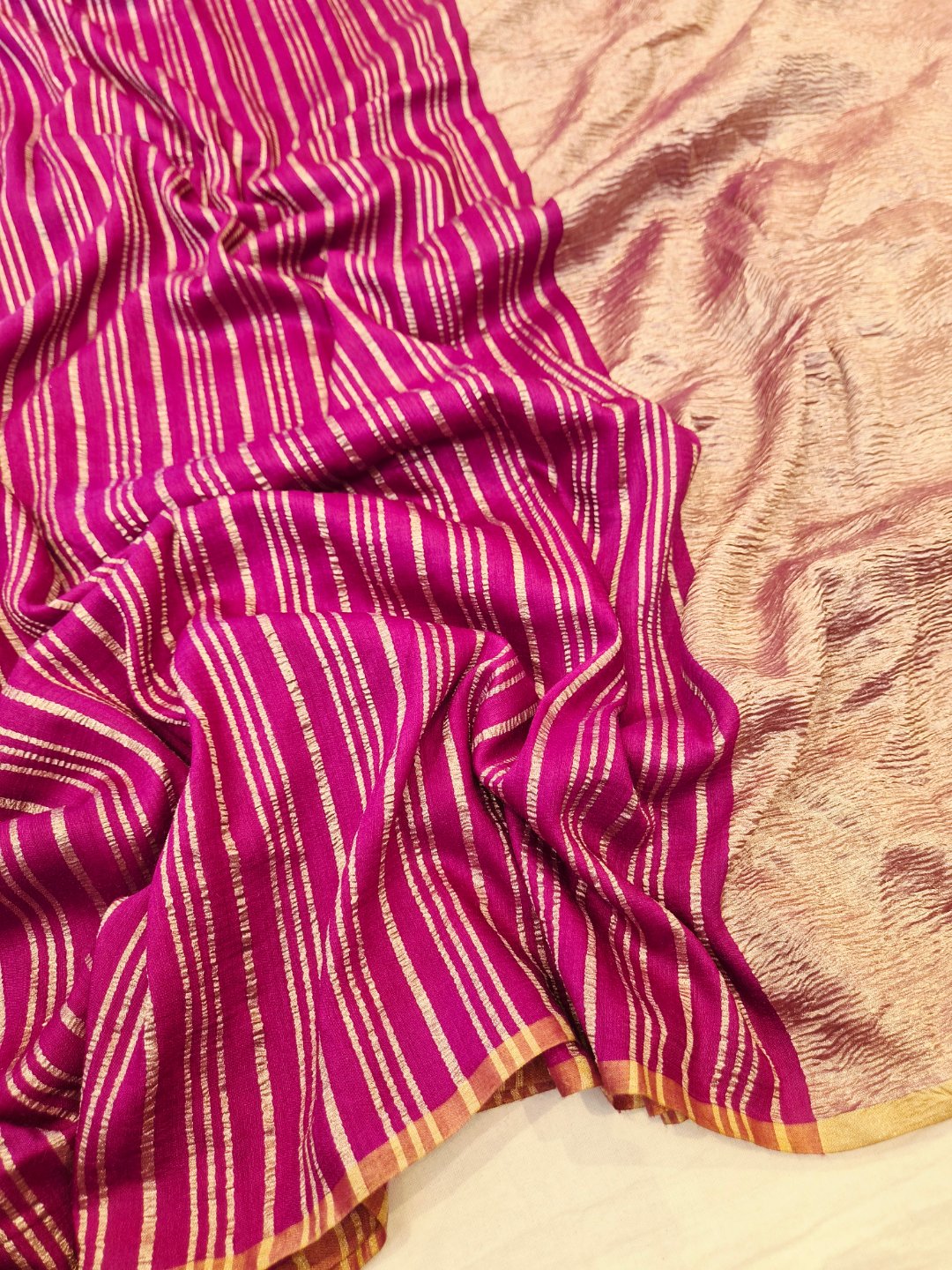 Plum Moonga Silk Banarasi saree front drape view
