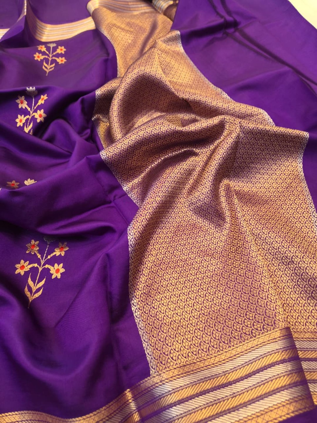 Violet Katan Silk Banarasi saree front drape view