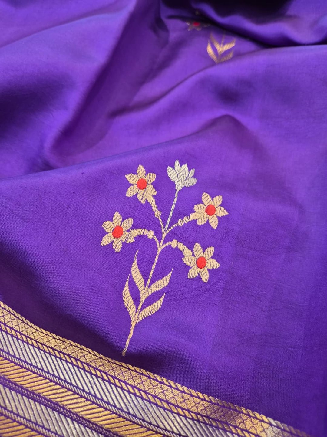Violet Katan Silk Banarasi saree front drape view