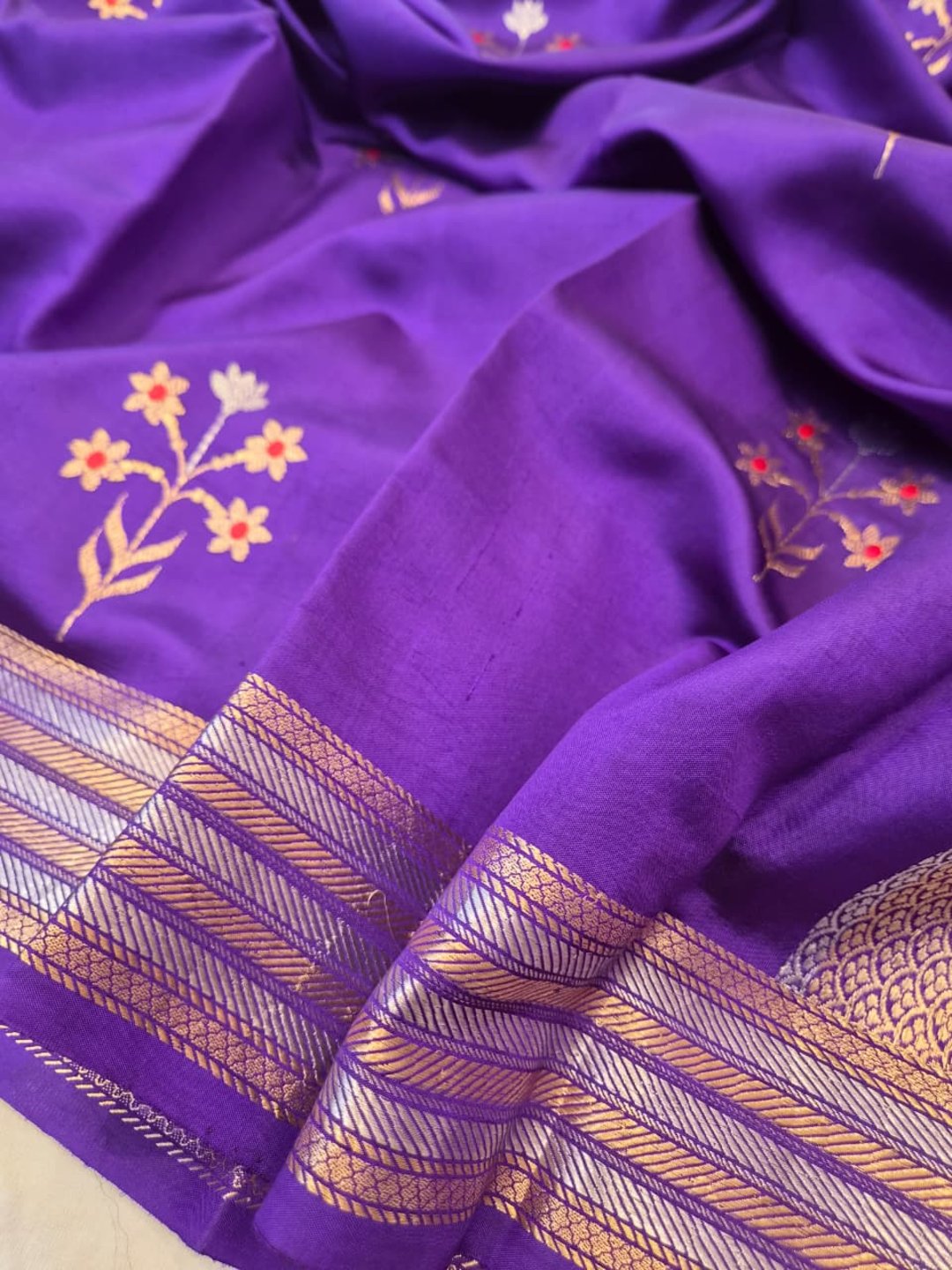 Violet Katan Silk Banarasi saree front drape view