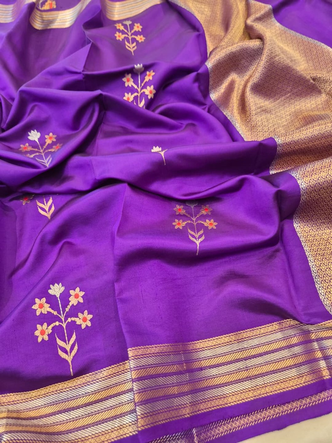 Violet Katan Silk Banarasi saree front drape view