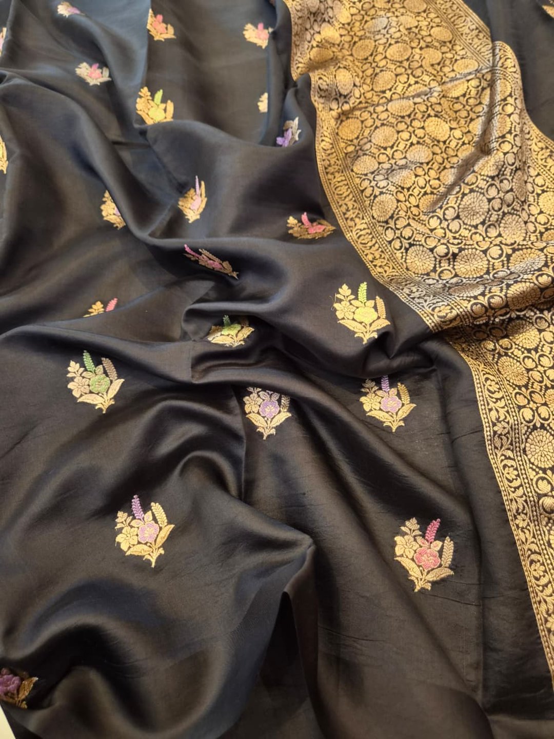 Back Katan Silk Banarasi saree front drape view