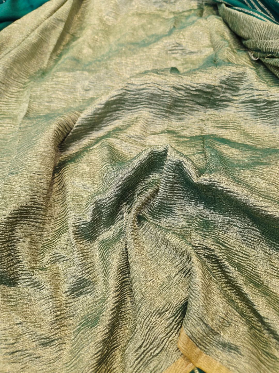 Bottle Green Moonga Silk Banarasi saree full spread
