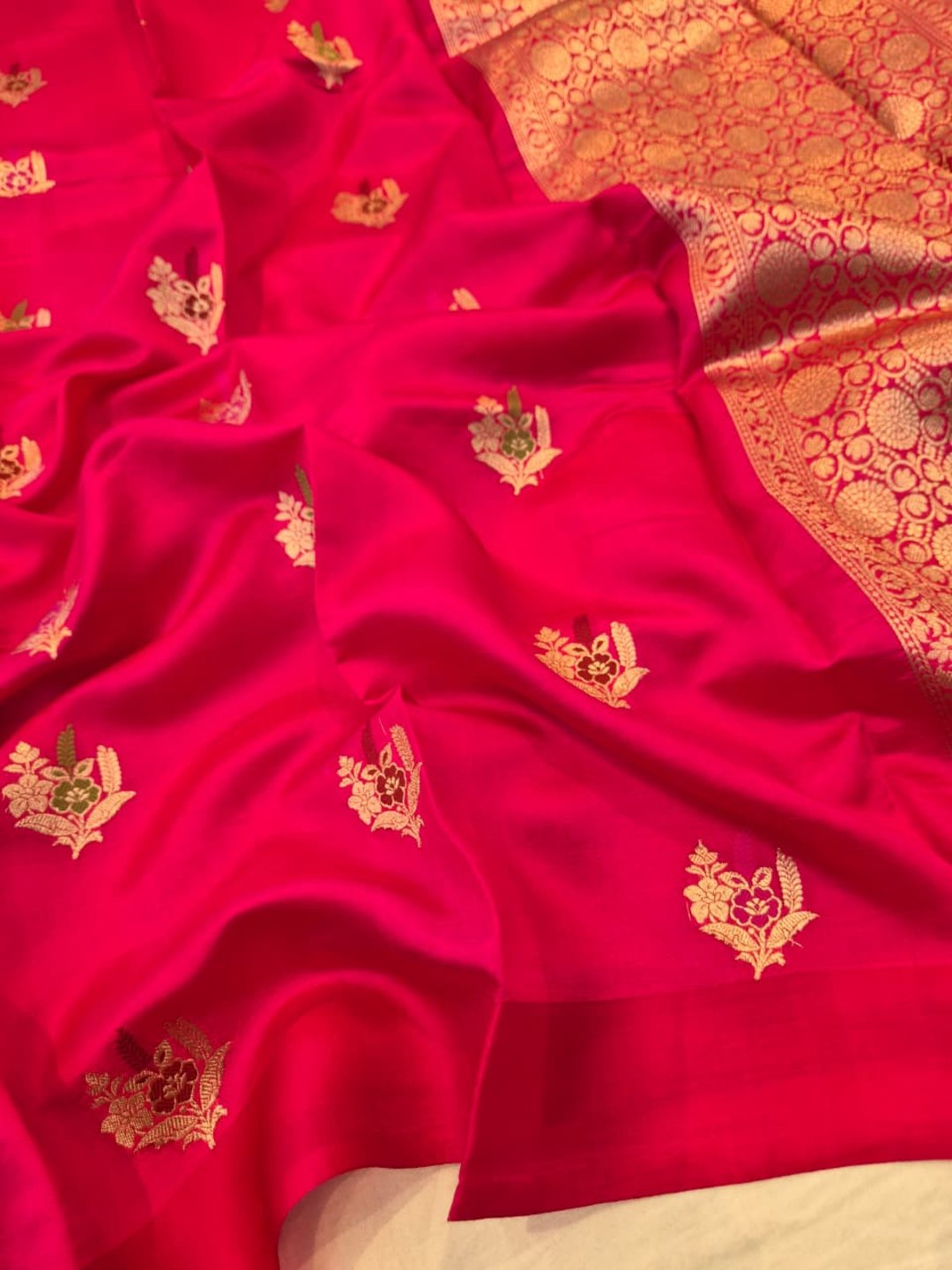 Royal Pink Katan Silk Banarasi saree front drape view