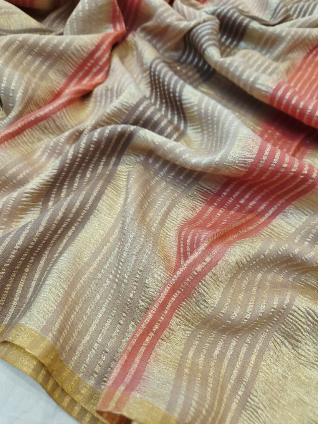 Beige with pink shade Moonga Silk Banarasi saree front drape view