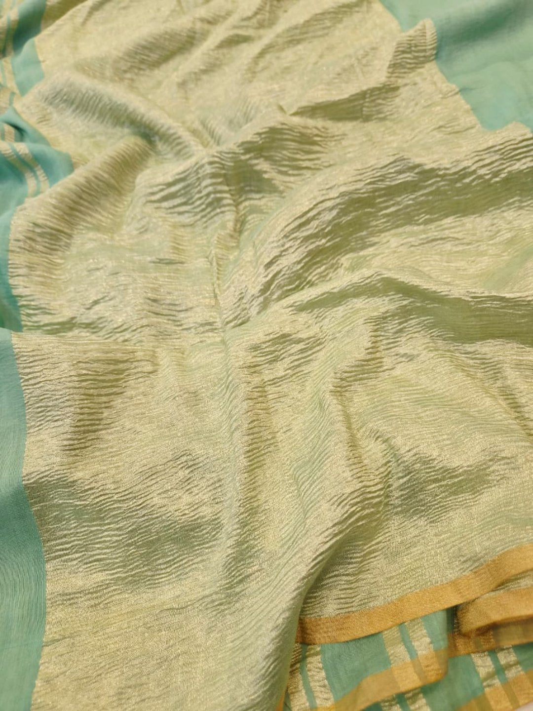Sea green Moonga Silk Banarasi saree front drape view