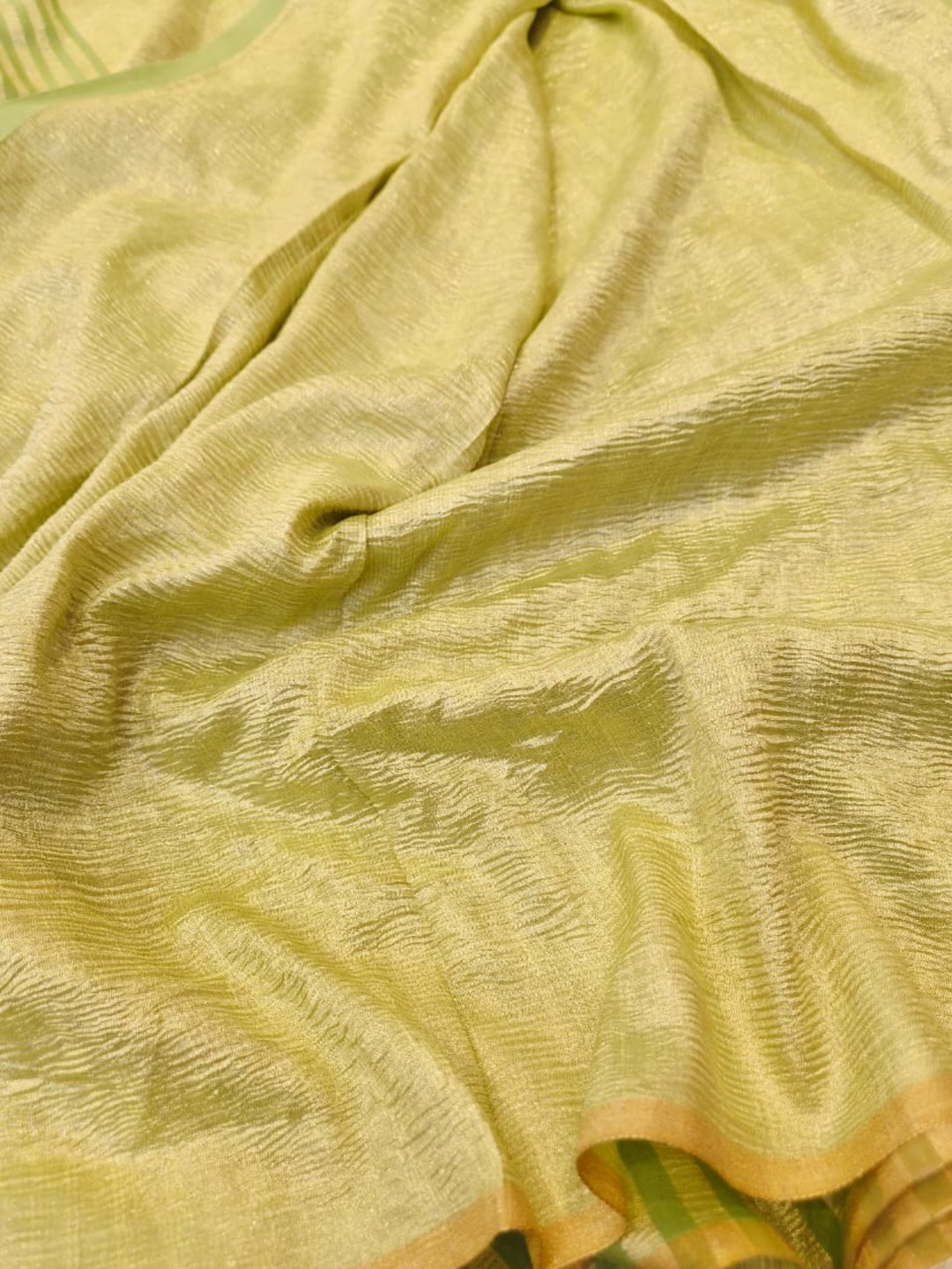 Pista green Moonga Silk Banarasi saree front drape view