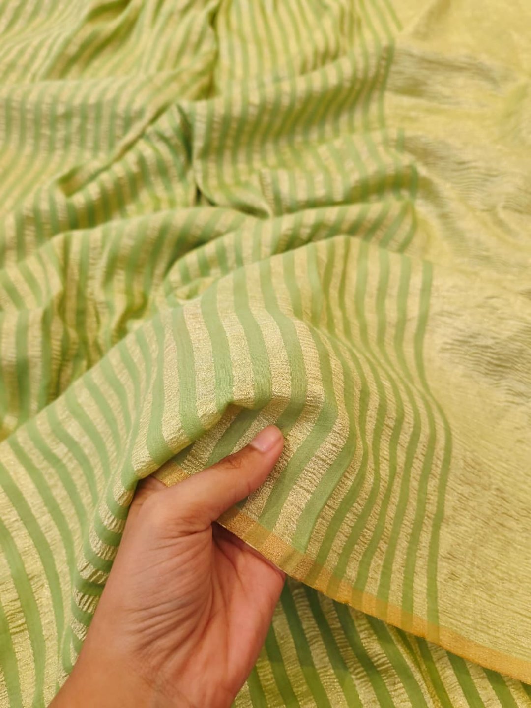 Pista green Moonga Silk Banarasi saree front drape view