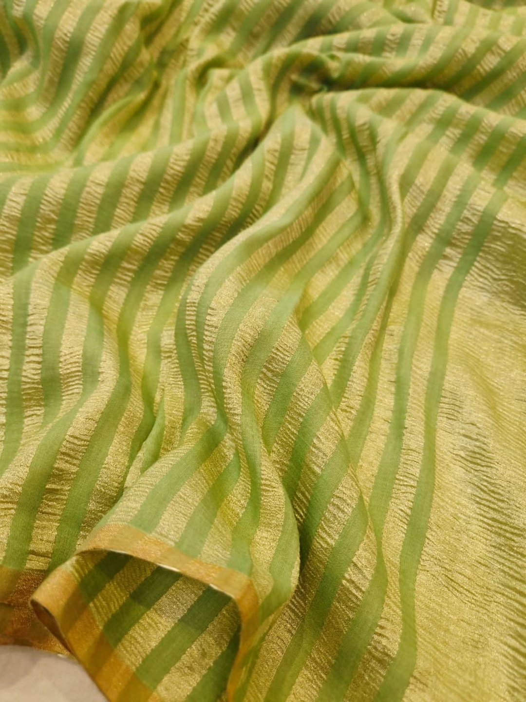 Pista green Moonga Silk Banarasi saree front drape view